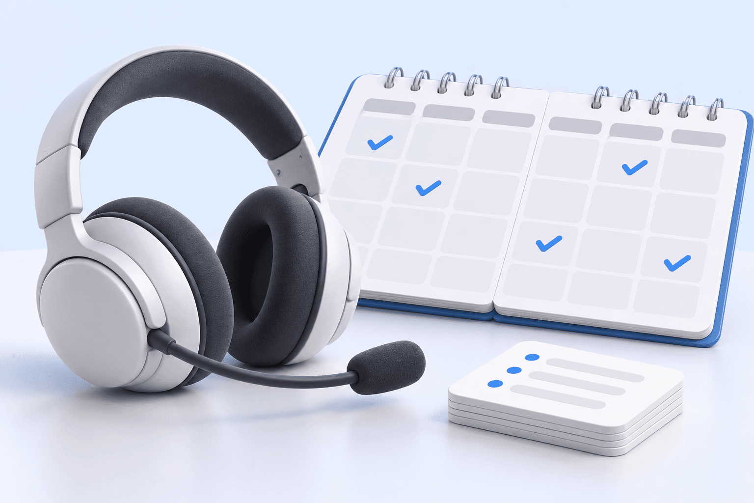 A headset next to a calendar of ticked-off appointments