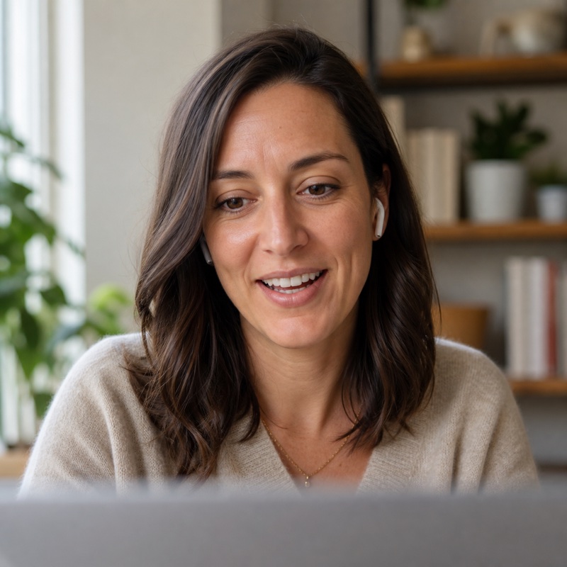 Une femme en visioconférence à son bureau, souriante